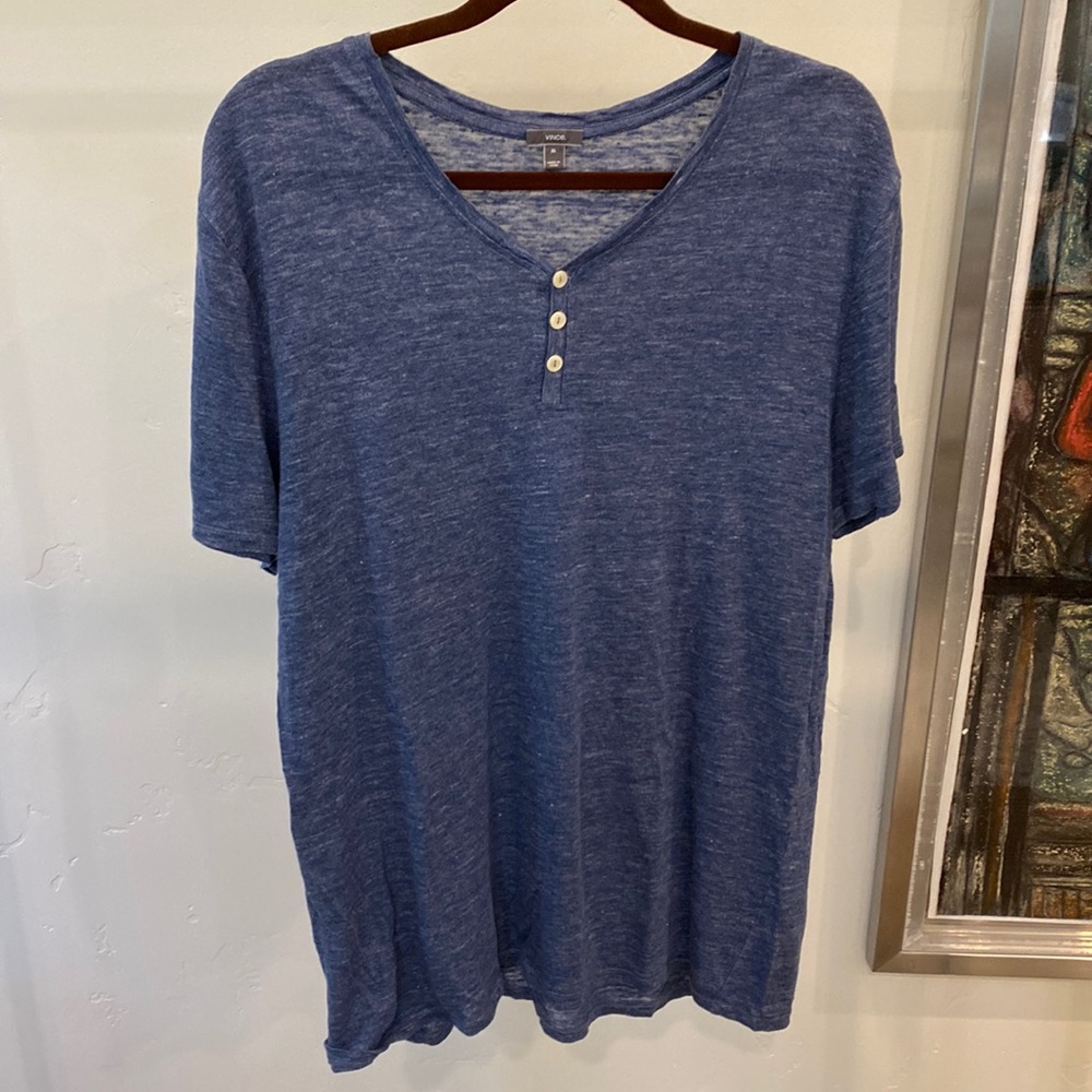 Vince 100% Linen blue t-shirt, with three button detail. Size XL, but more M/L.